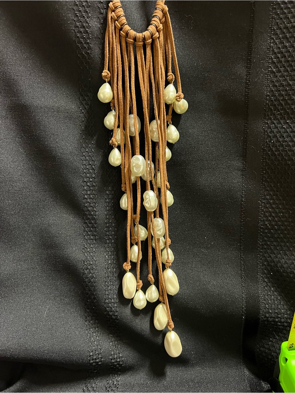 Chicos Tan Leather Necklace with Cream Pearl Drops